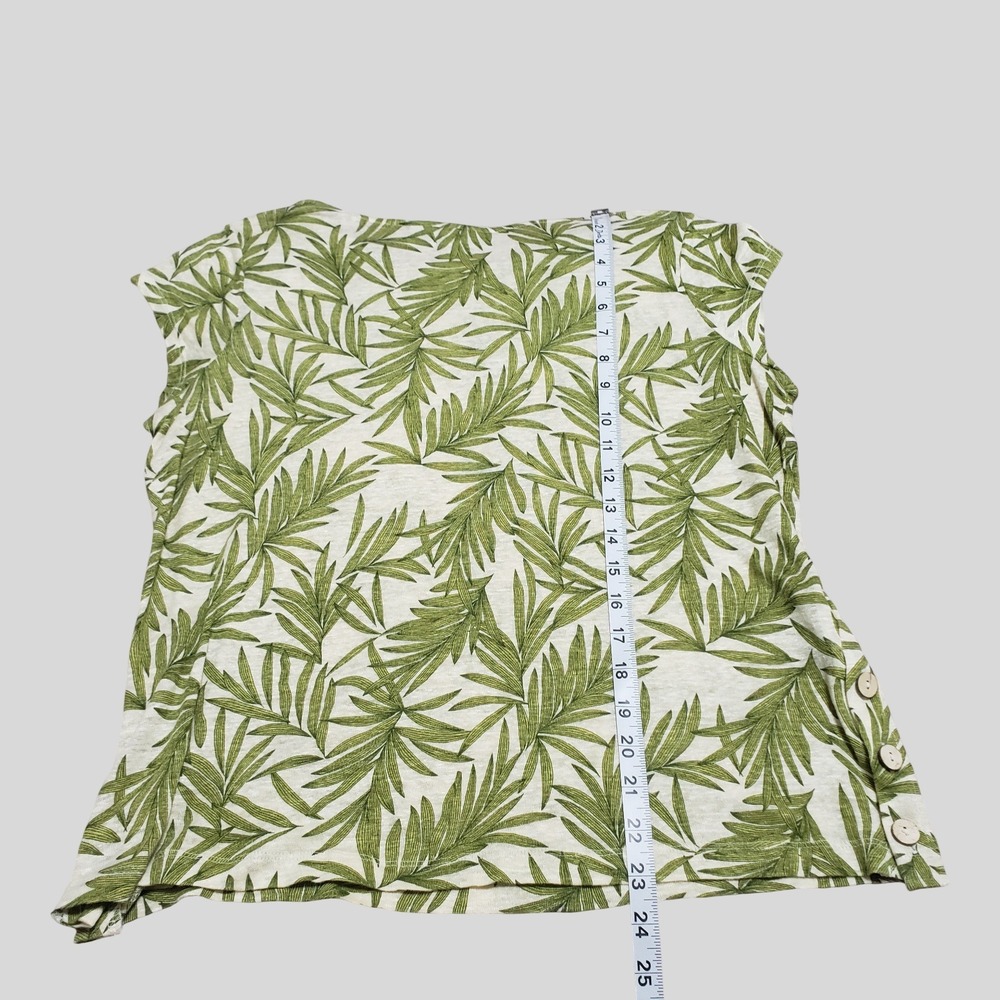 Nicole Miller 100% Linen Palm Leaf Print Cap Sleeve Button Detail Top Green M - Picture 10 of 10